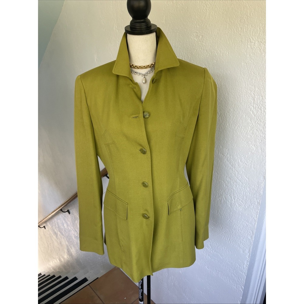 DANA BUCHMAN MODERN LIME GREEN 100% SILK FITTED With ZIP POCKETS JACKET, SIZE 6